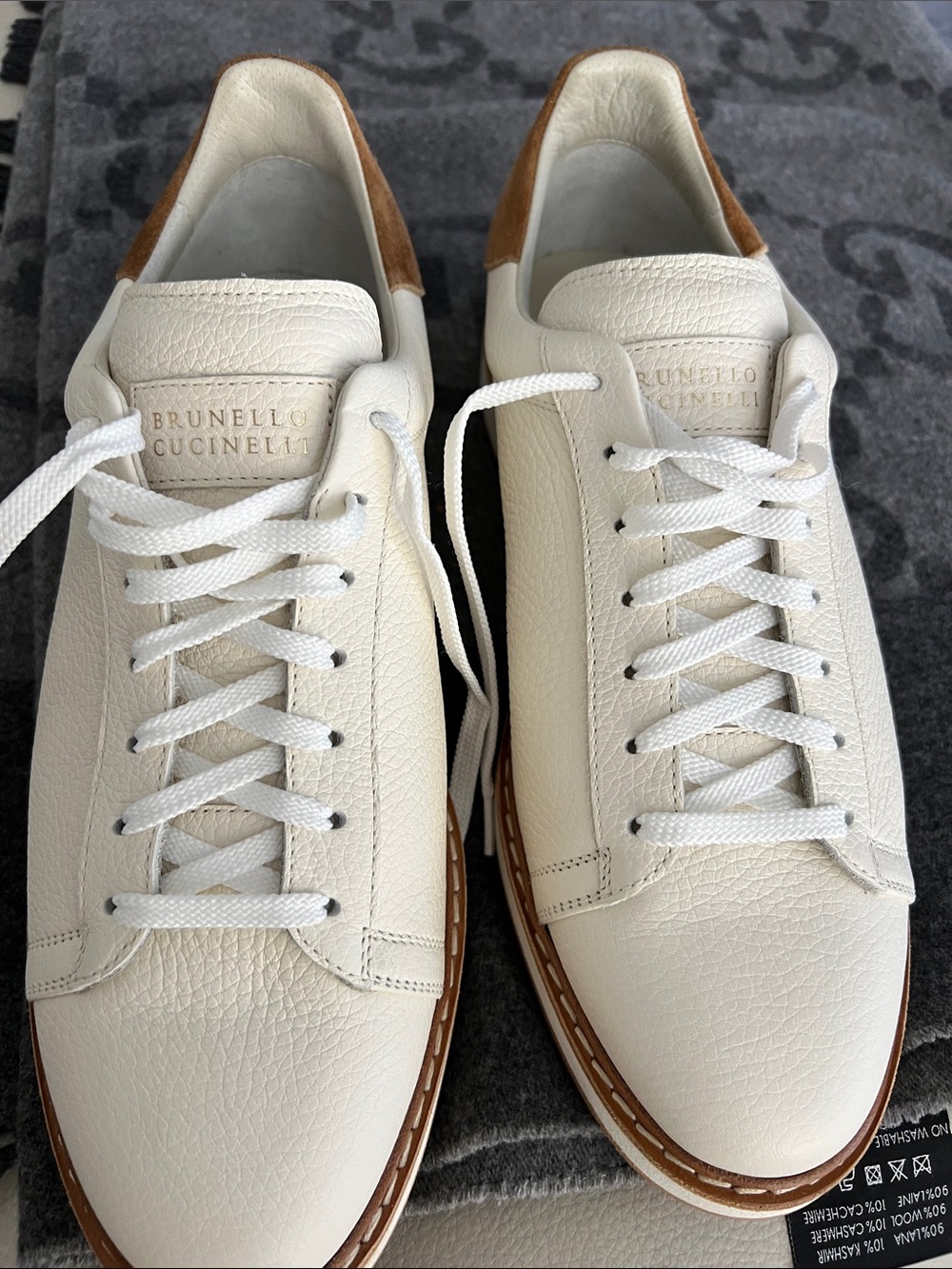 Brunello Cucinelli Cream Leather Sneakers with Brown Suede Heel